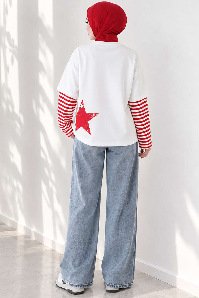 Printed Tunic with Striped Sleeves - Red