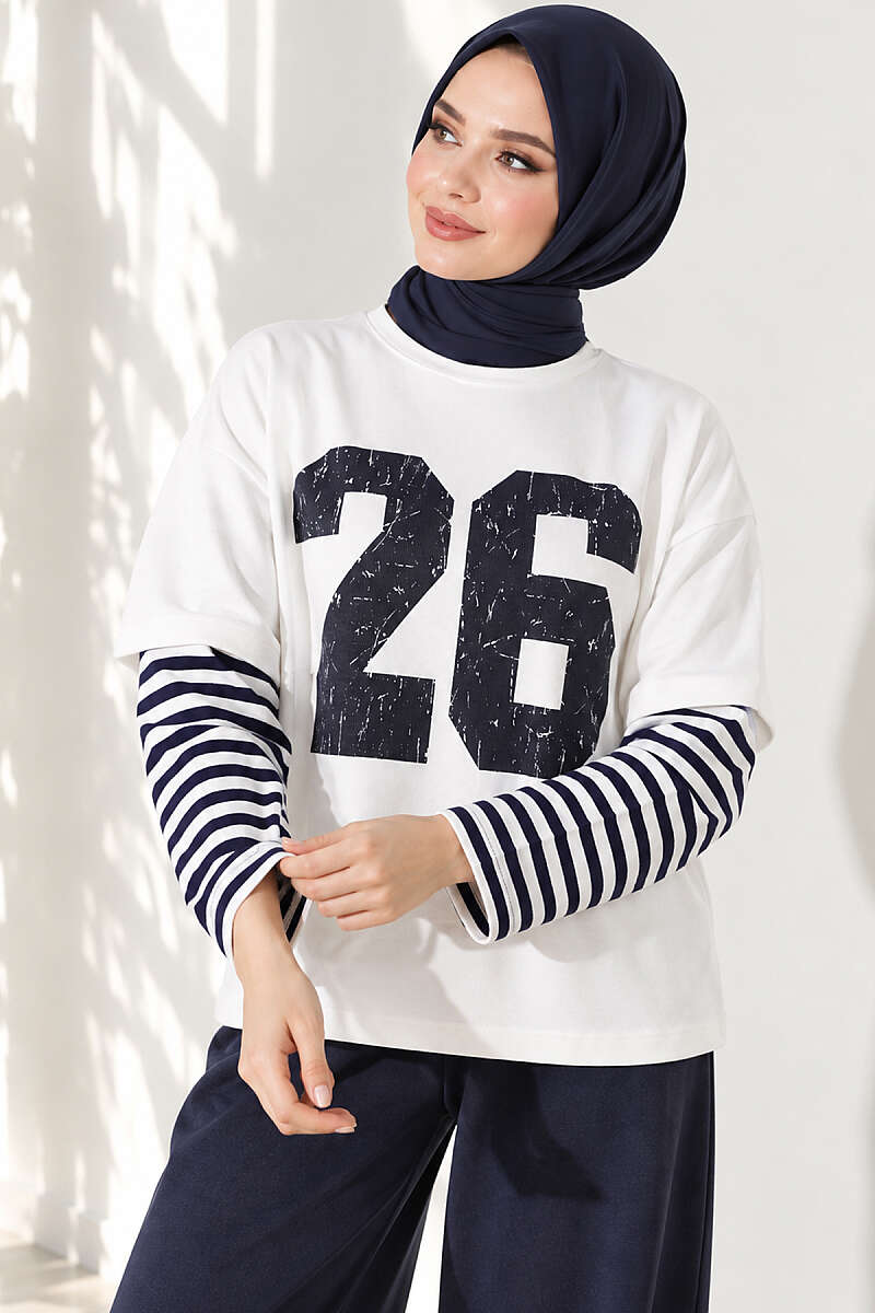 Printed Tunic with Striped Sleeves - Navy