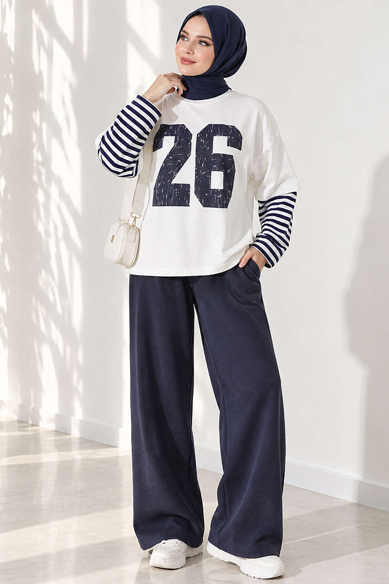 Printed Tunic with Striped Sleeves - Navy