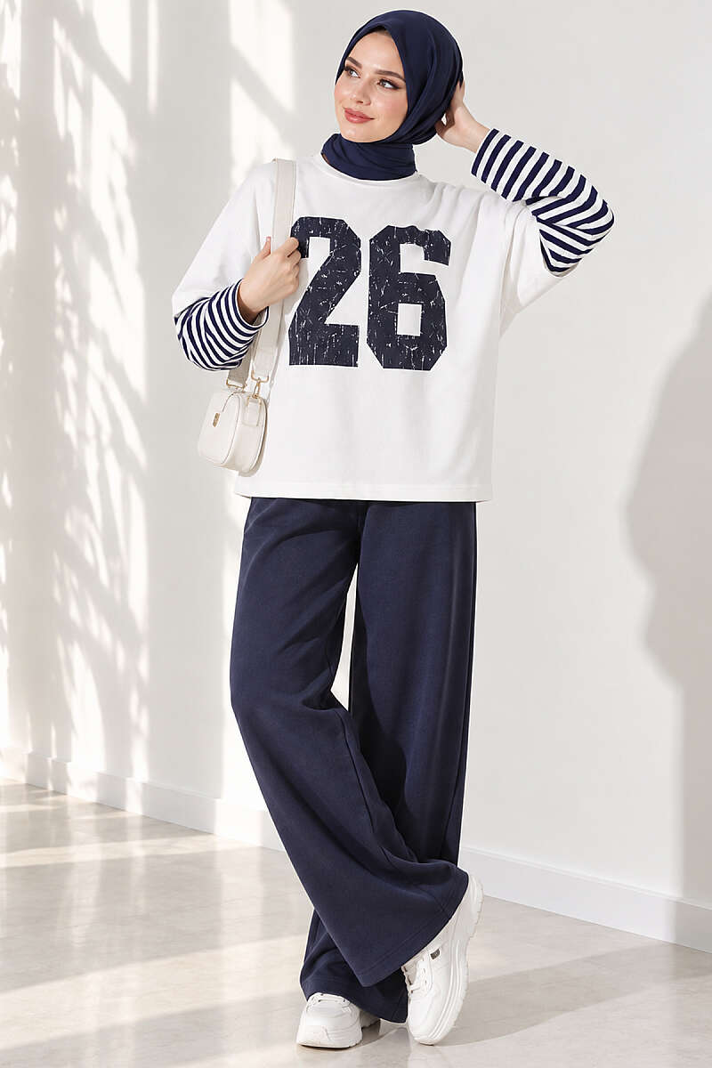 Printed Tunic with Striped Sleeves - Navy
