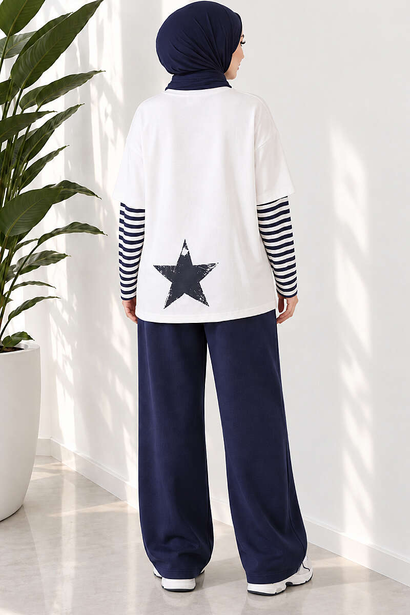 Printed Tunic with Striped Sleeves - Navy