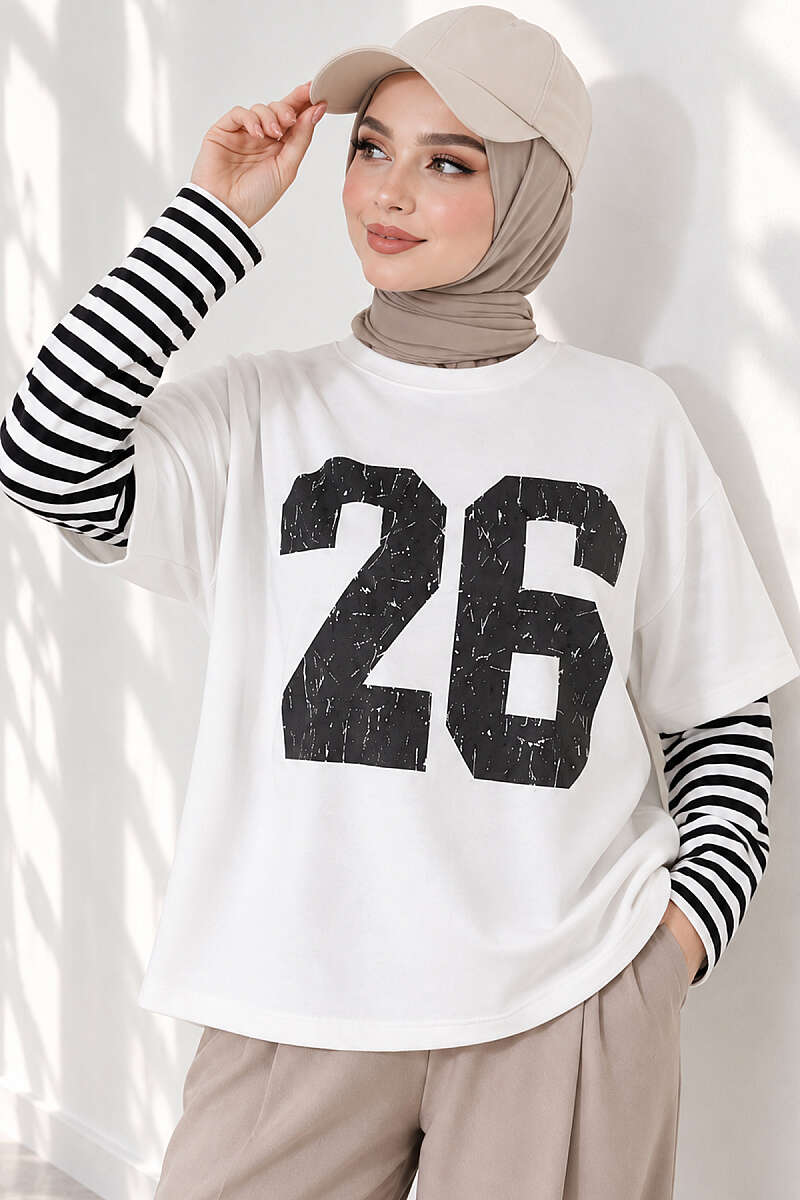 Printed Tunic with Striped Sleeves - Black