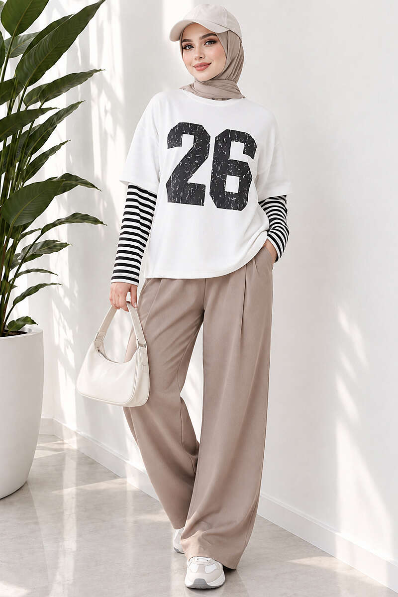 Printed Tunic with Striped Sleeves - Black
