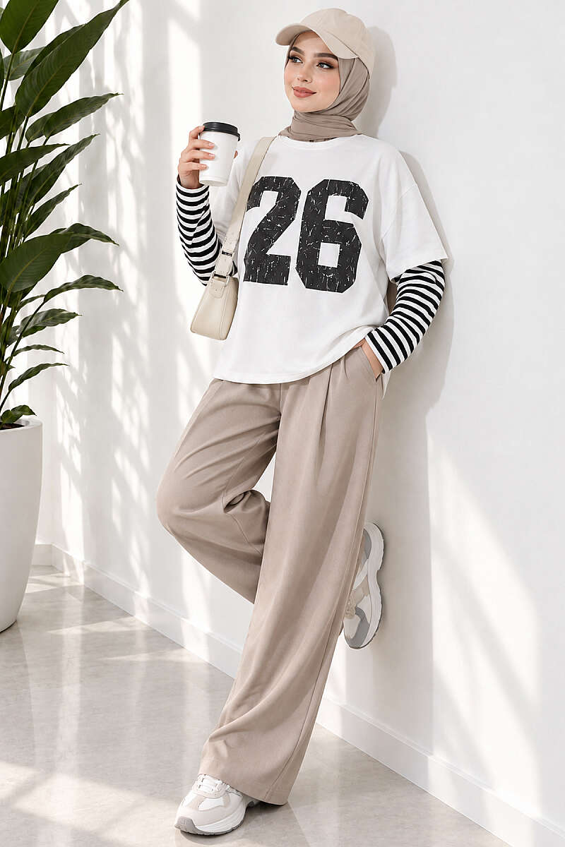 Printed Tunic with Striped Sleeves - Black