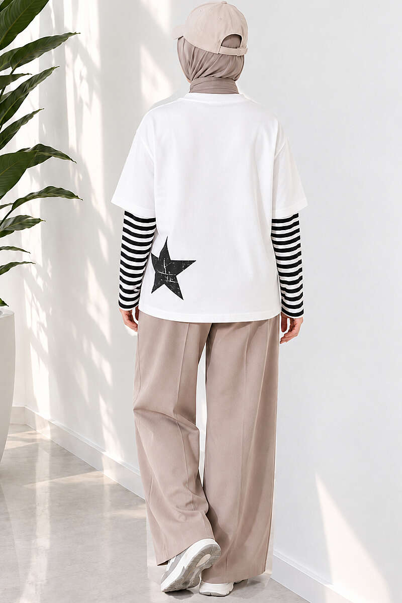 Printed Tunic with Striped Sleeves - Black