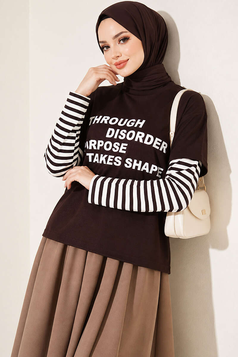 Printed Sweatshirt with Striped Sleeves - Dark Brown