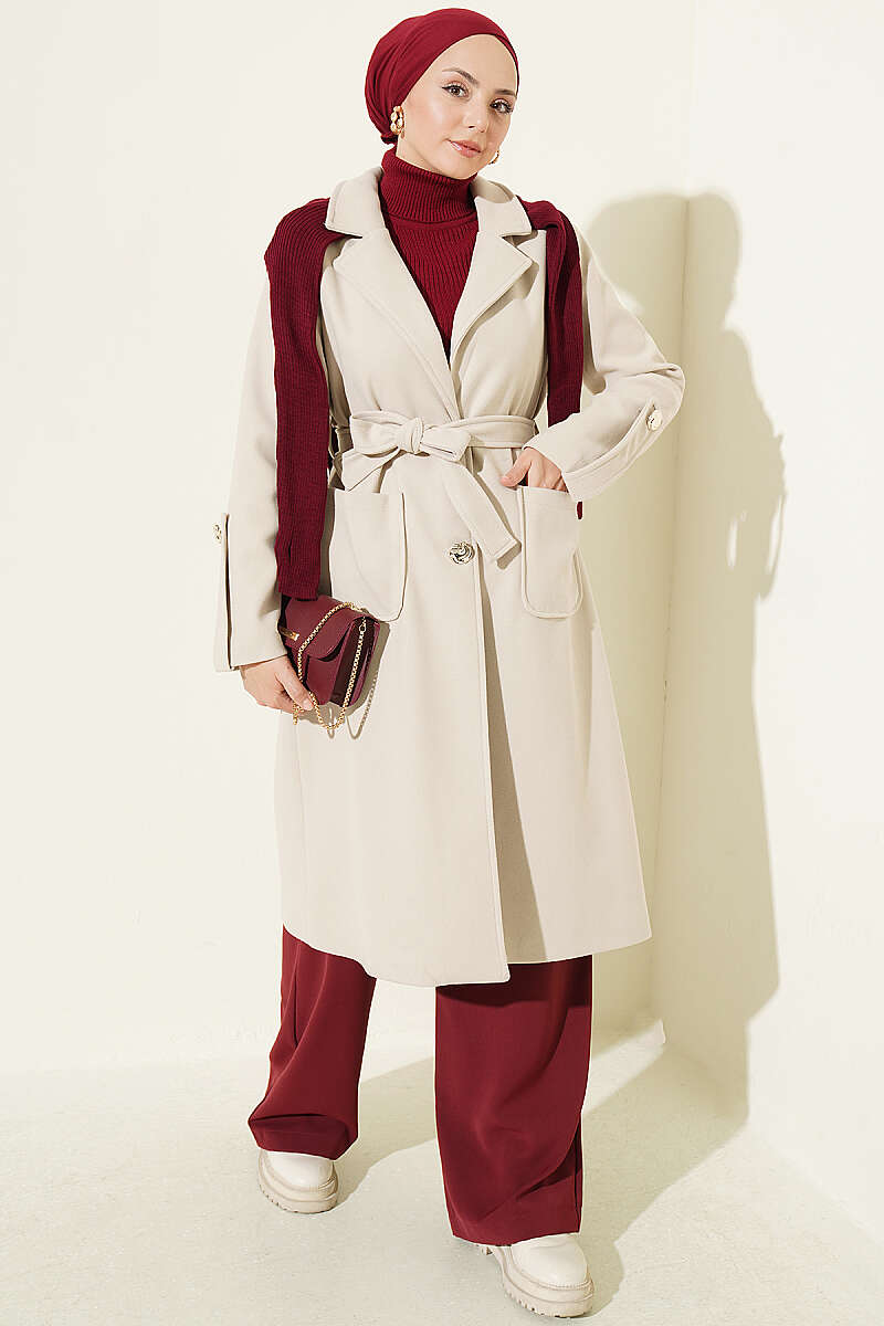 Belted Felt Coat with Sleeve Buttons - Beige