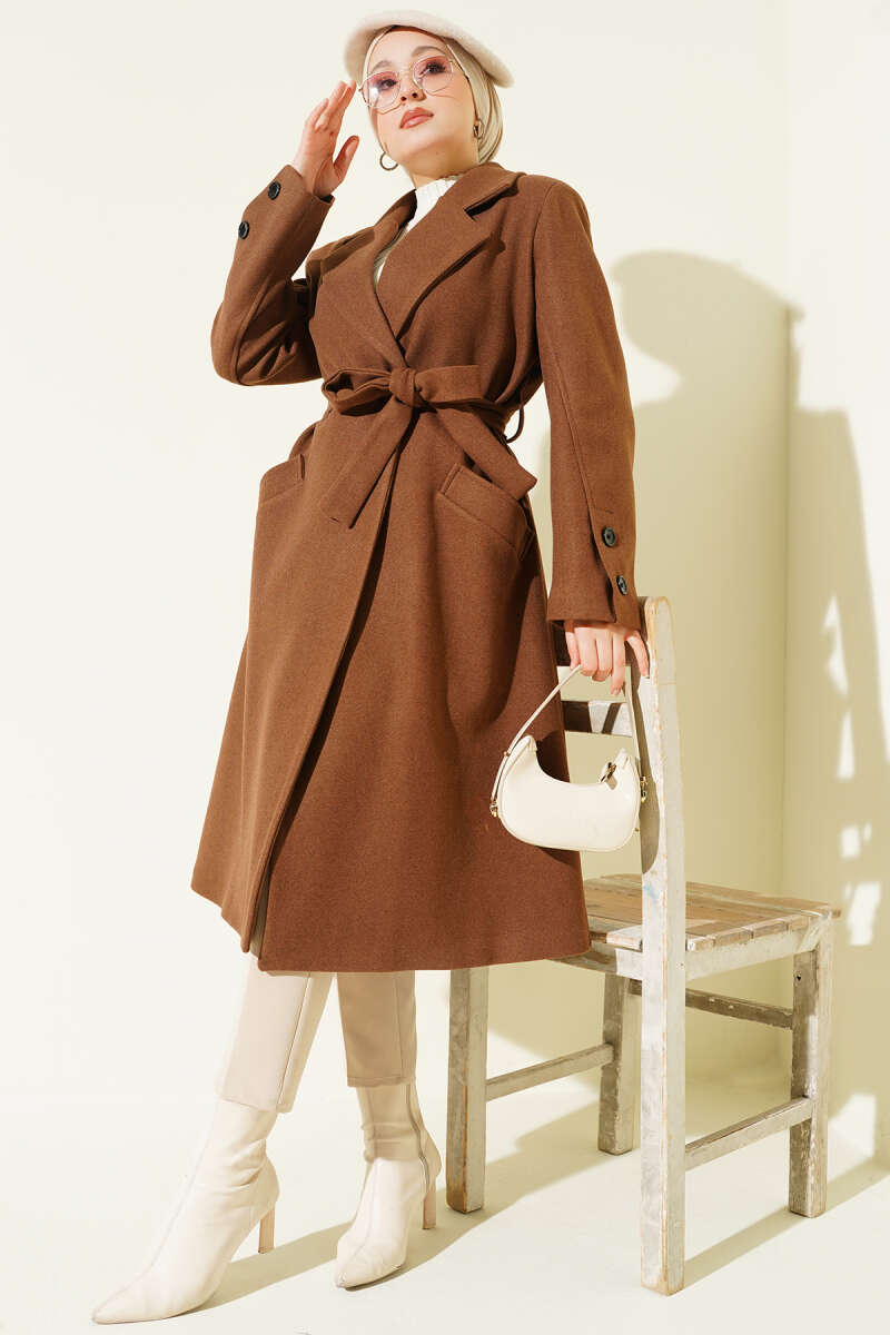 Belted Felt Coat with Sleeve Buttons - Light Brown