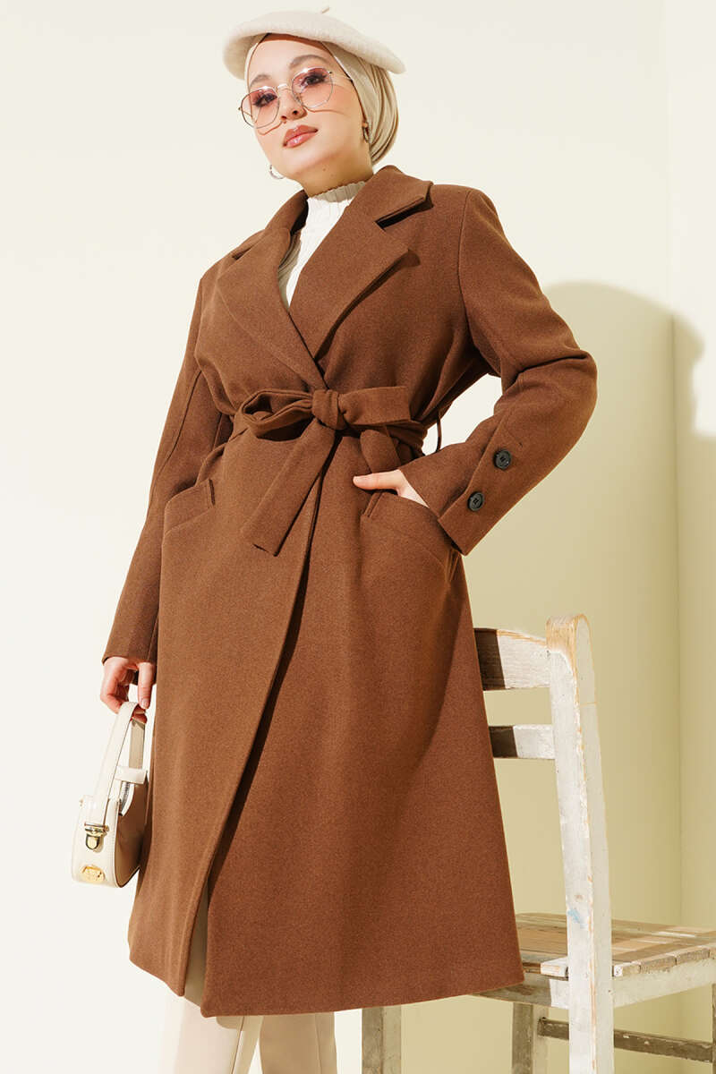 Belted Felt Coat with Sleeve Buttons - Light Brown