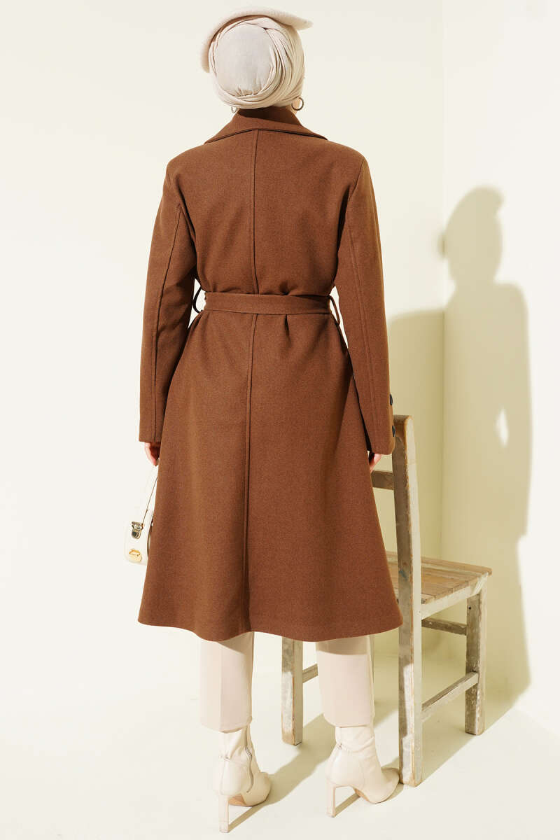 Belted Felt Coat with Sleeve Buttons - Light Brown