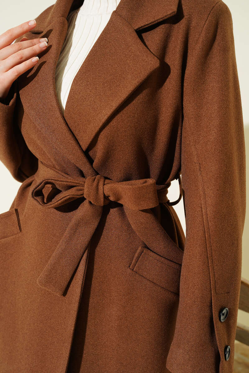 Belted Felt Coat with Sleeve Buttons - Light Brown