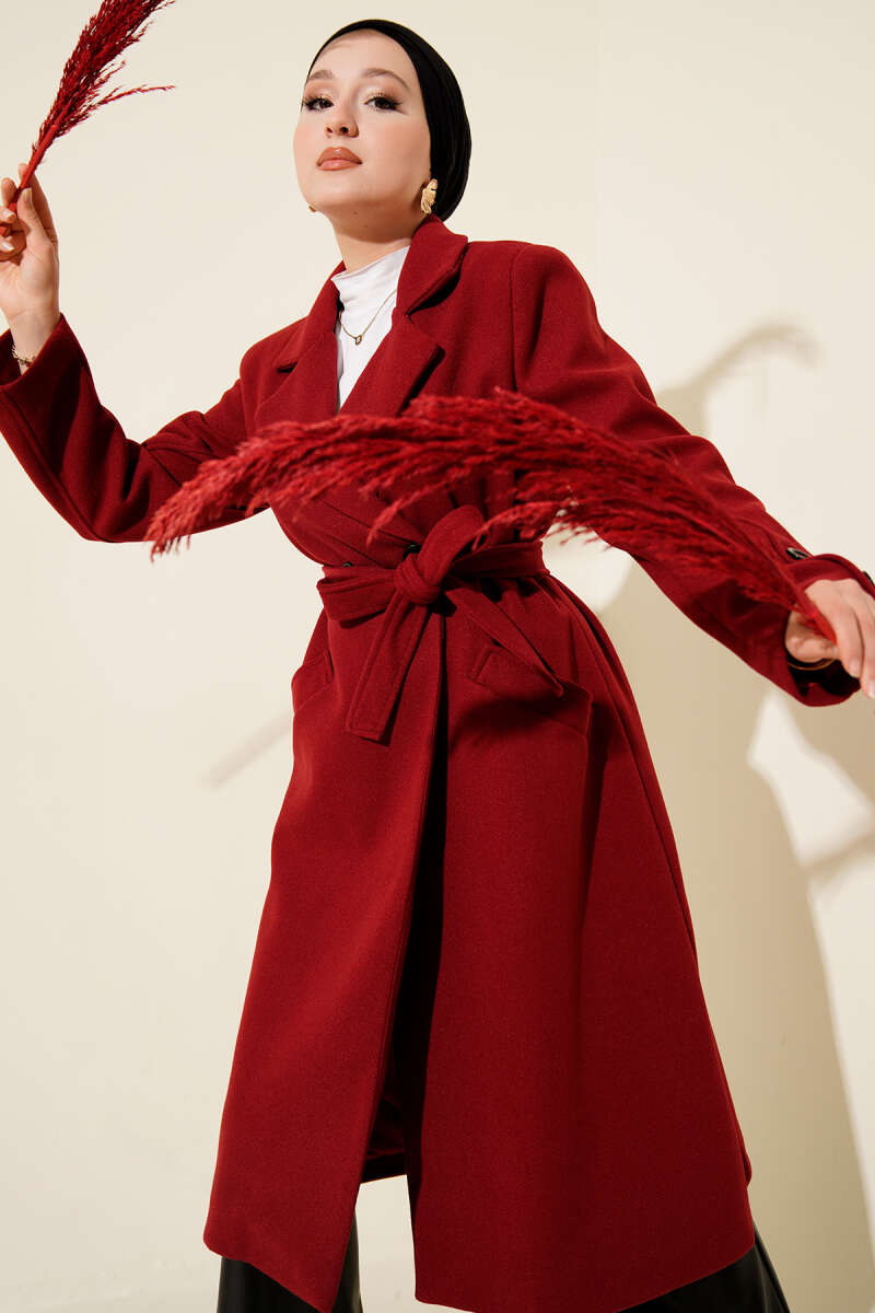 Belted Felt Coat with Sleeve Buttons - Burgundy