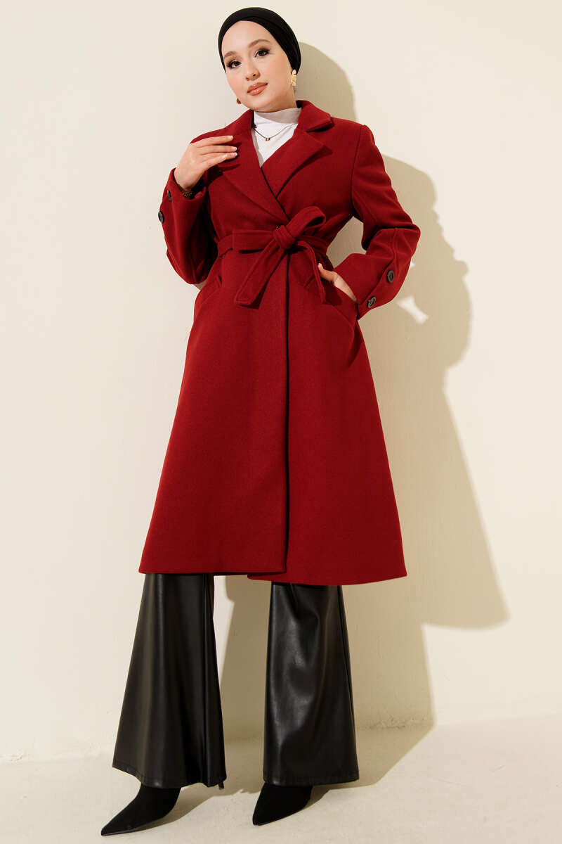 Belted Felt Coat with Sleeve Buttons - Burgundy
