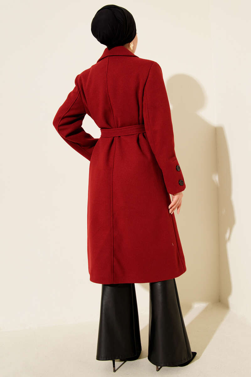 Belted Felt Coat with Sleeve Buttons - Burgundy