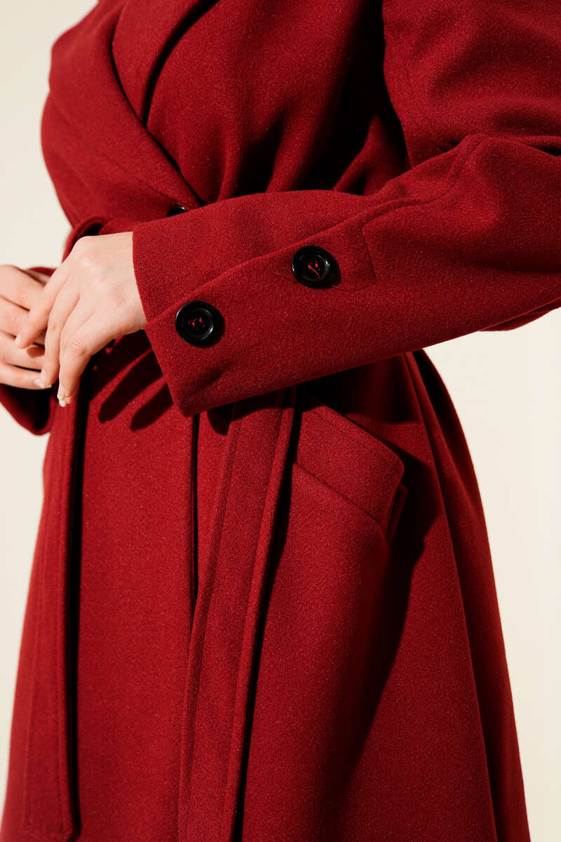 Belted Felt Coat with Sleeve Buttons - Burgundy