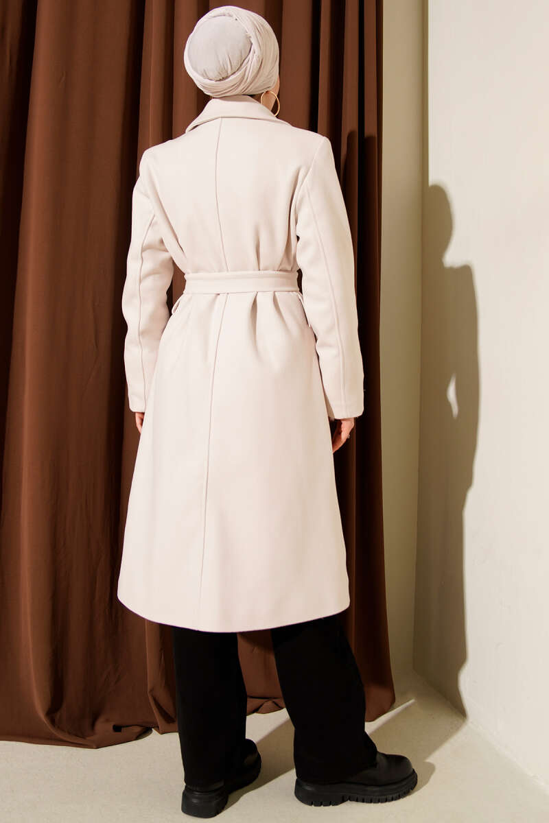 Belted Felt Coat with Sleeve Buttons - Ivory