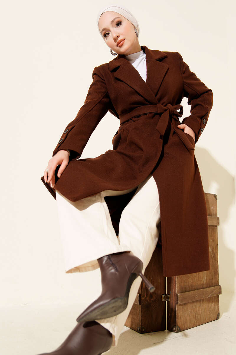 Belted Felt Coat with Sleeve Buttons - Brown