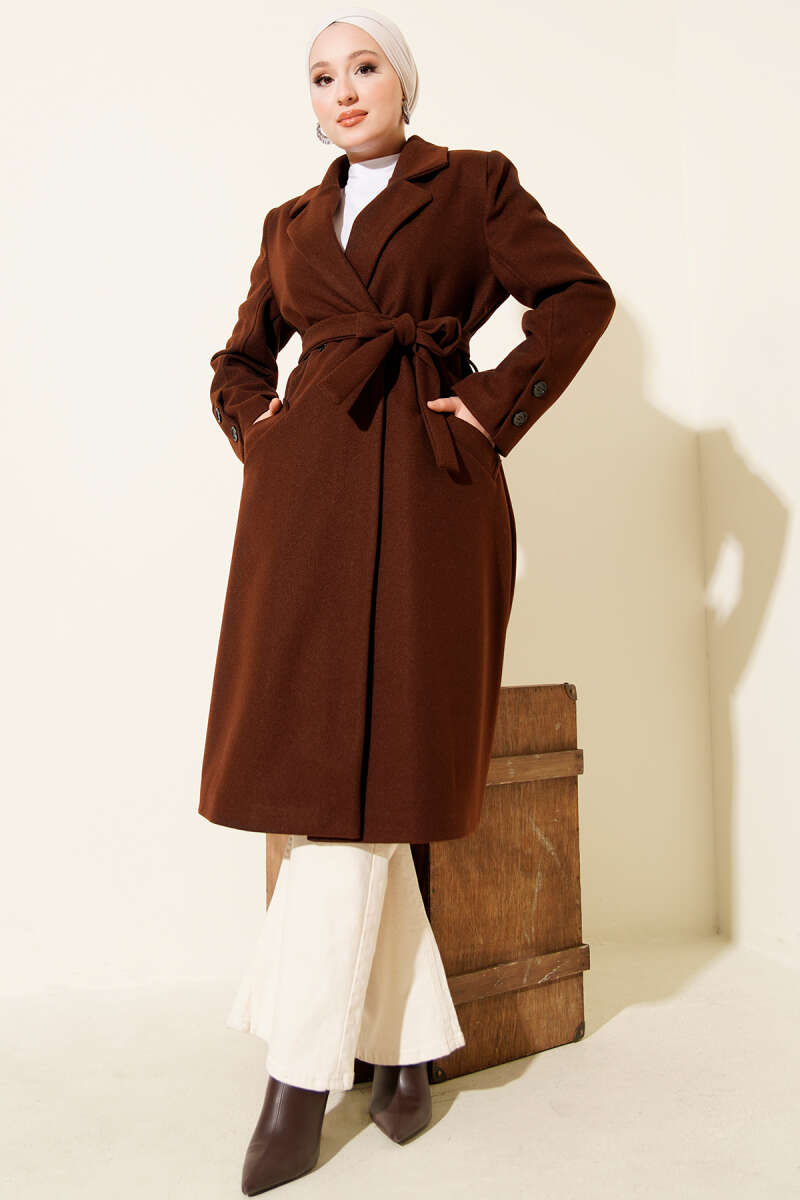Belted Felt Coat with Sleeve Buttons - Brown