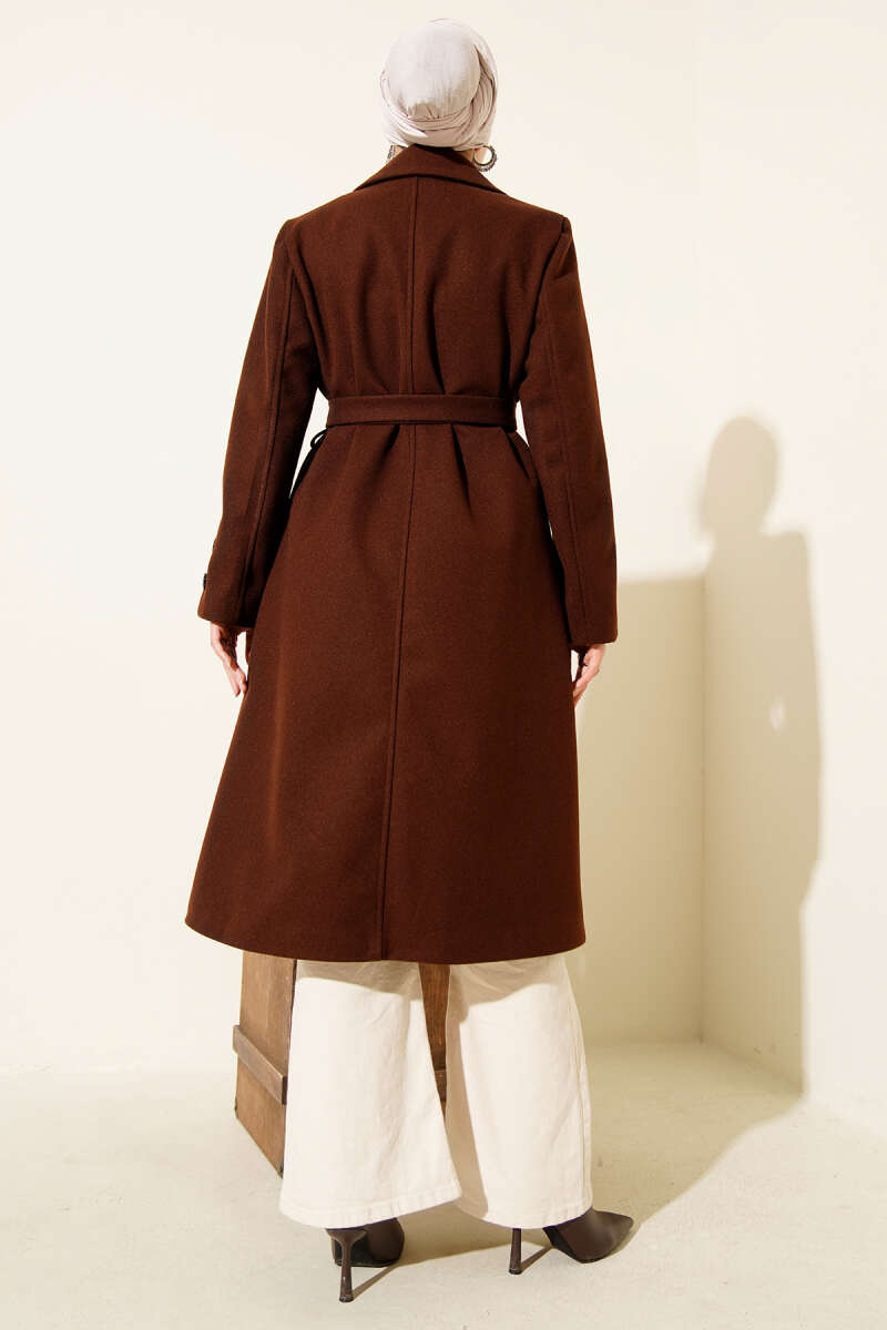 Belted Felt Coat with Sleeve Buttons - Brown