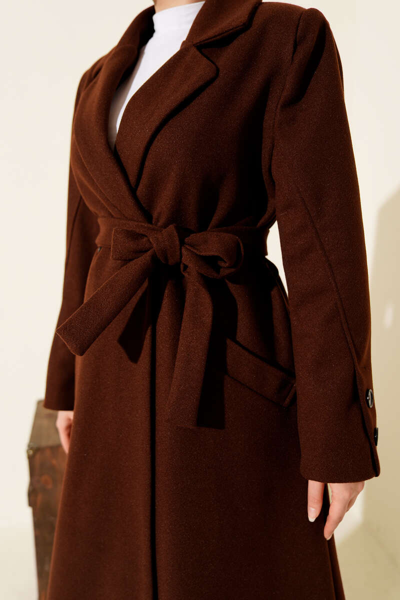 Belted Felt Coat with Sleeve Buttons - Brown