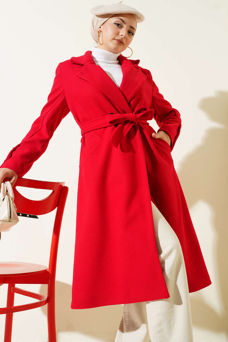 Belted Felt Coat with Sleeve Buttons - Red