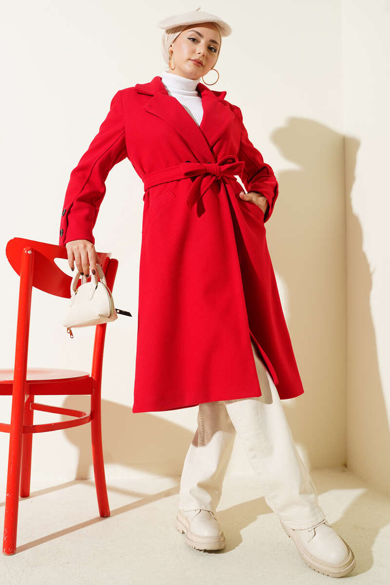 Belted Felt Coat with Sleeve Buttons - Red
