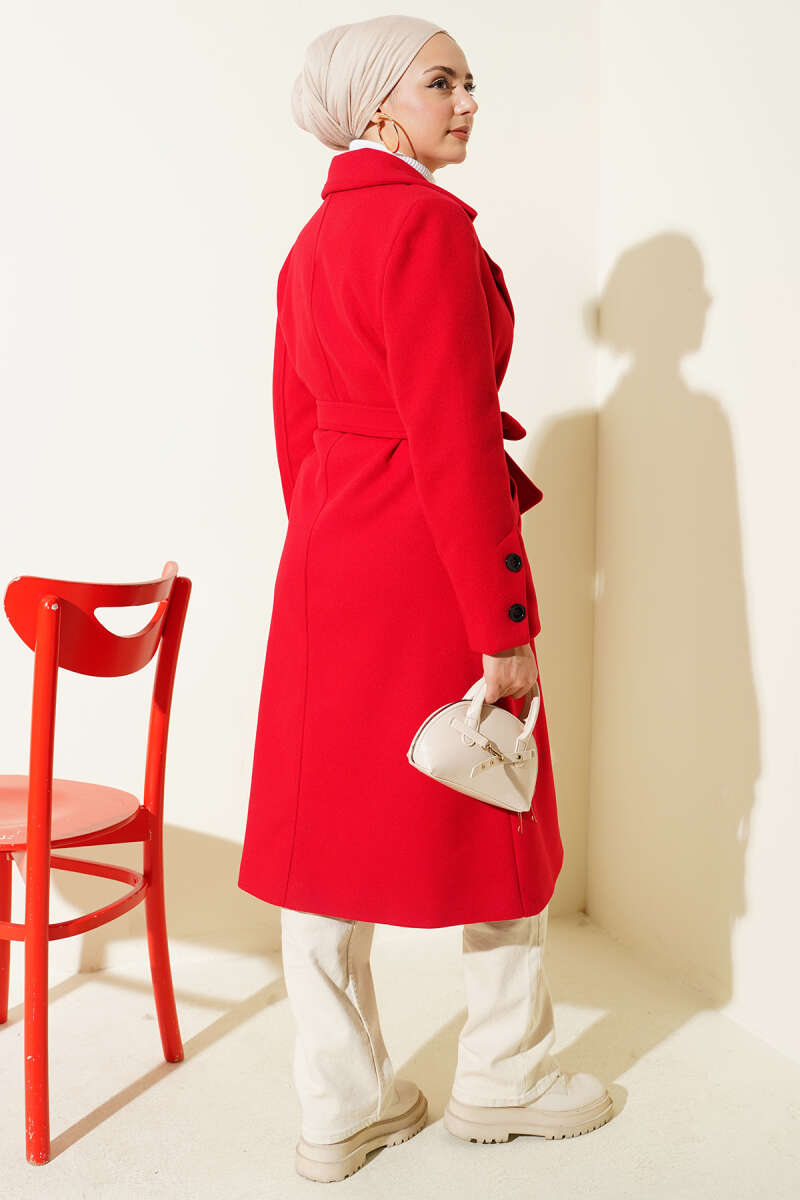 Belted Felt Coat with Sleeve Buttons - Red