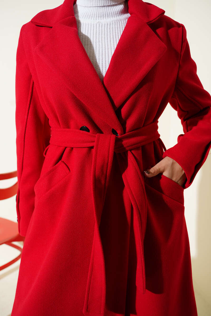 Belted Felt Coat with Sleeve Buttons - Red