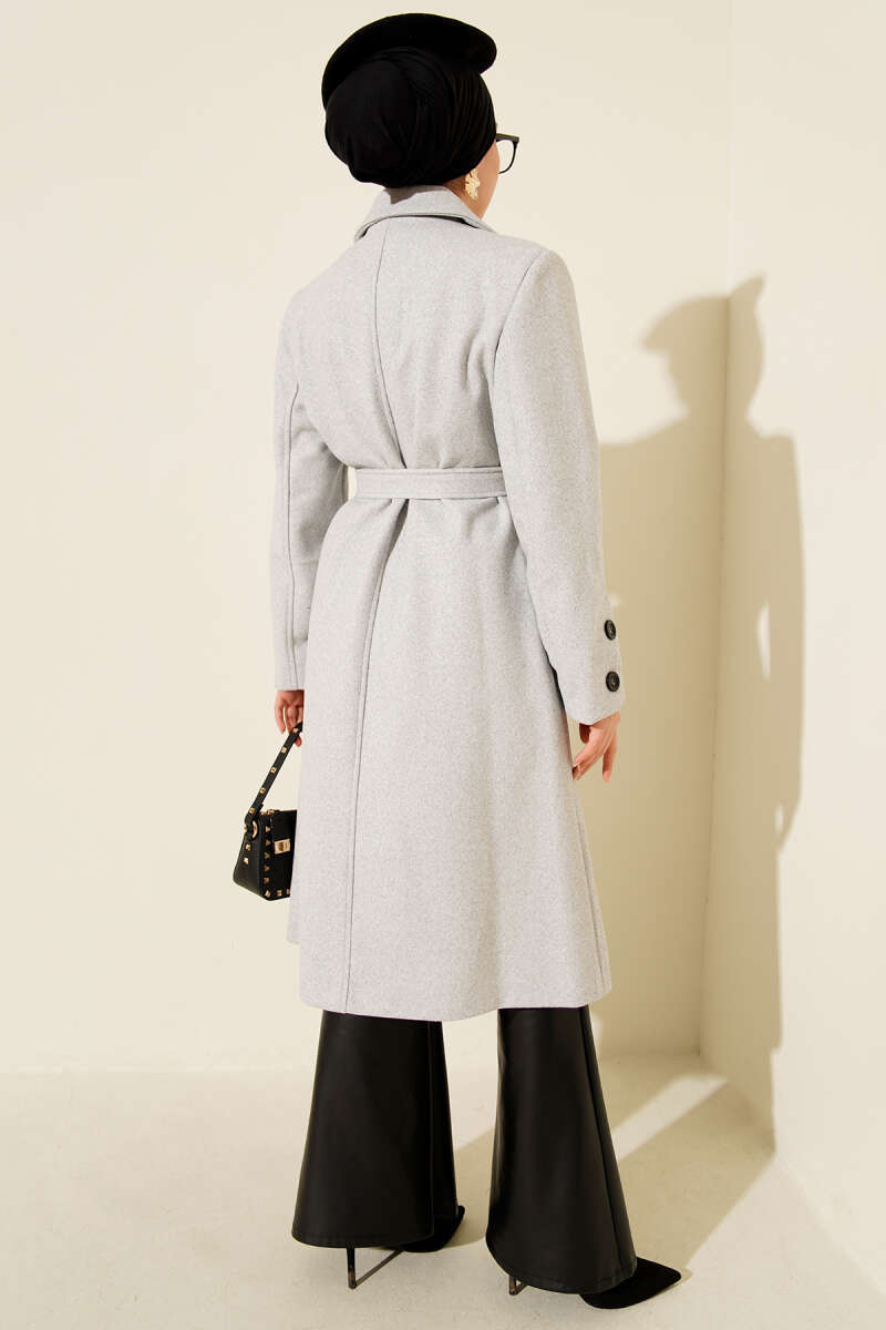 Belted Felt Coat with Sleeve Buttons - Heather Grey
