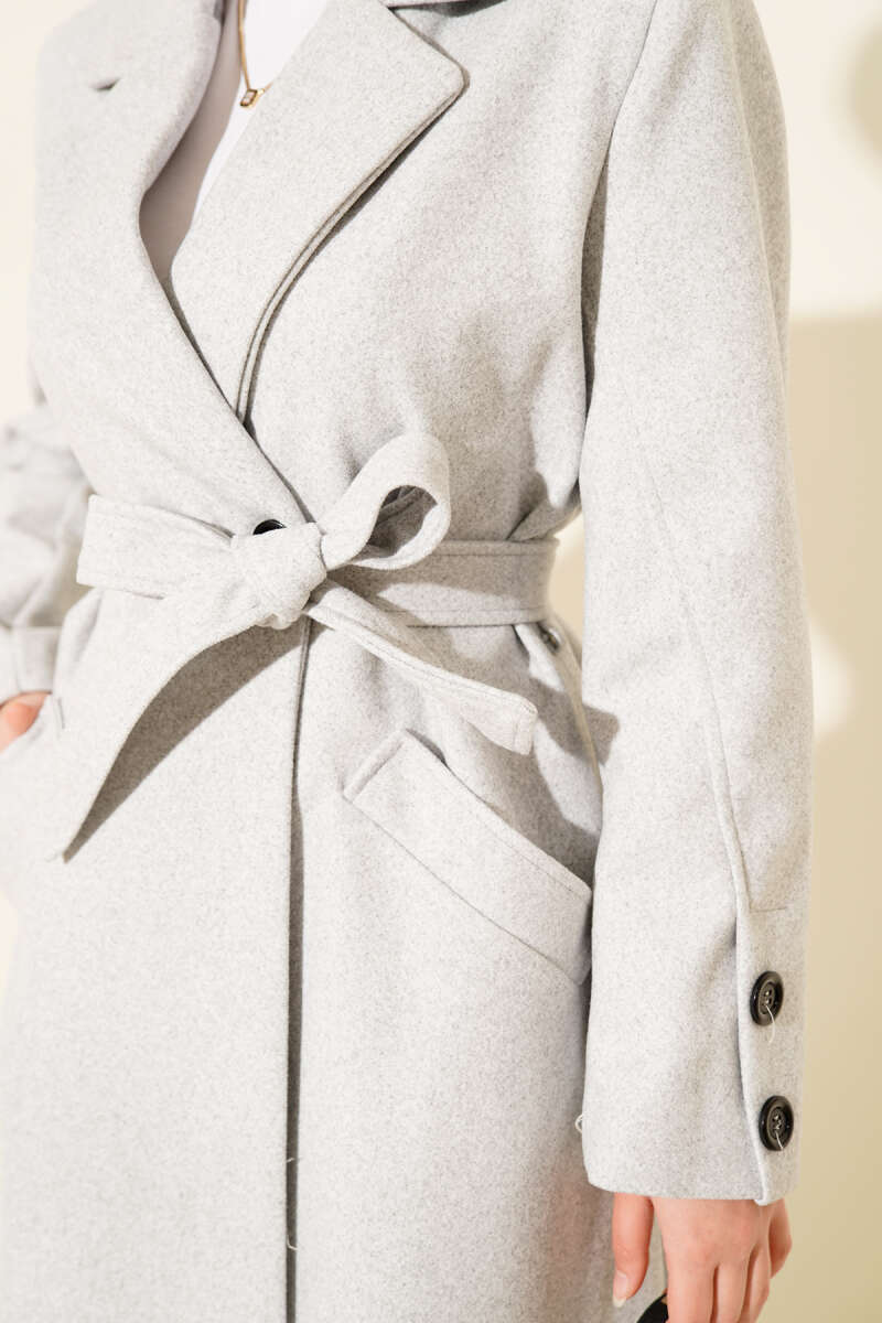 Belted Felt Coat with Sleeve Buttons - Heather Grey