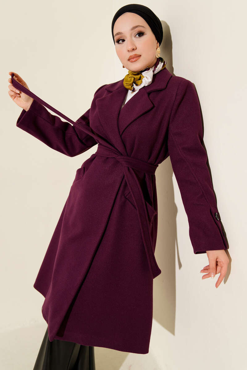 Belted Felt Coat with Sleeve Buttons - Purple