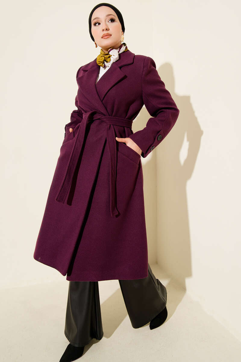 Belted Felt Coat with Sleeve Buttons - Purple