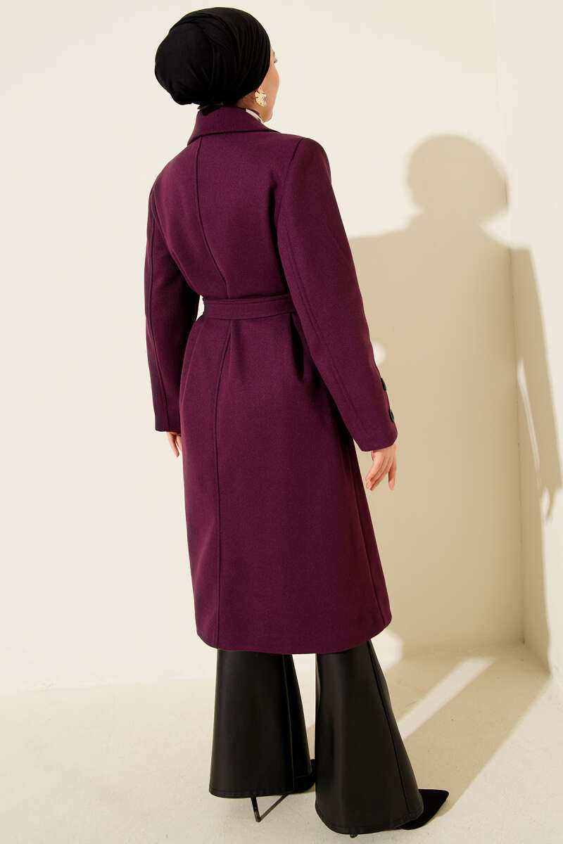 Belted Felt Coat with Sleeve Buttons - Purple