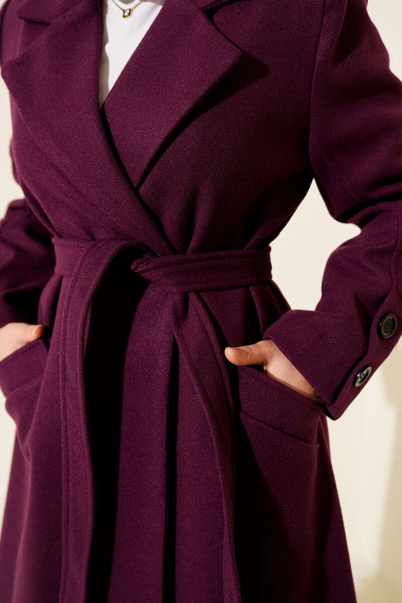 Belted Felt Coat with Sleeve Buttons - Purple