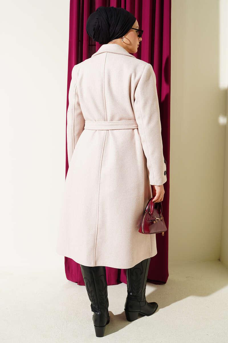 Belted Felt Coat with Sleeve Buttons - Powder