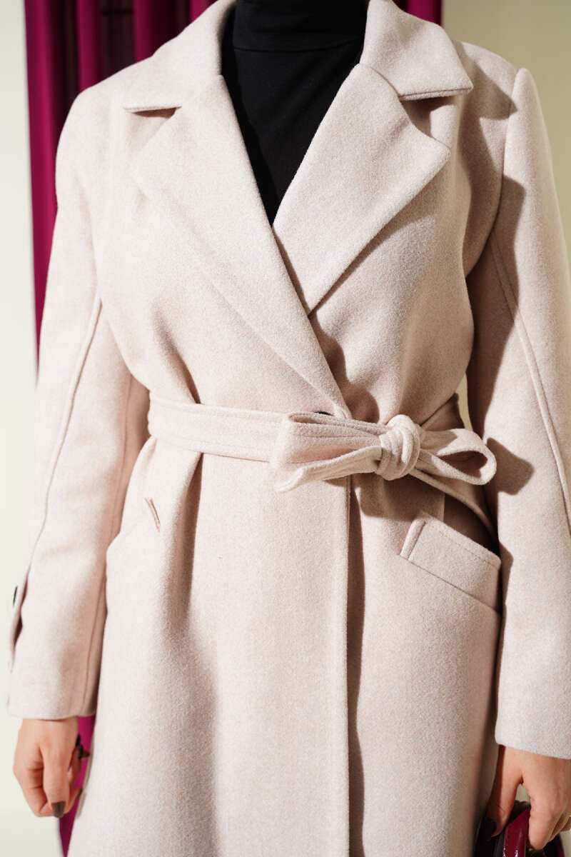 Belted Felt Coat with Sleeve Buttons - Powder