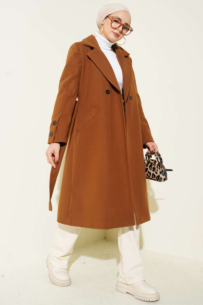 Belted Felt Coat with Sleeve Buttons - Tan