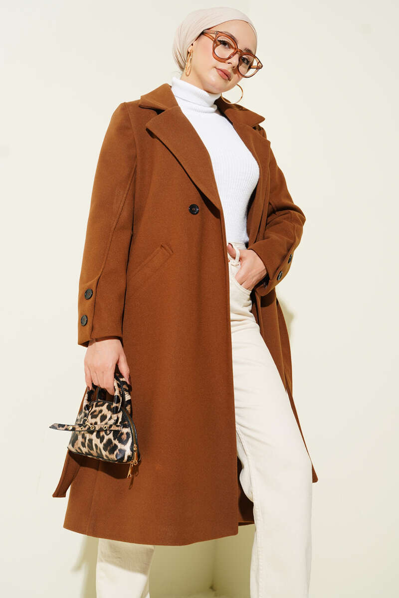 Belted Felt Coat with Sleeve Buttons - Tan
