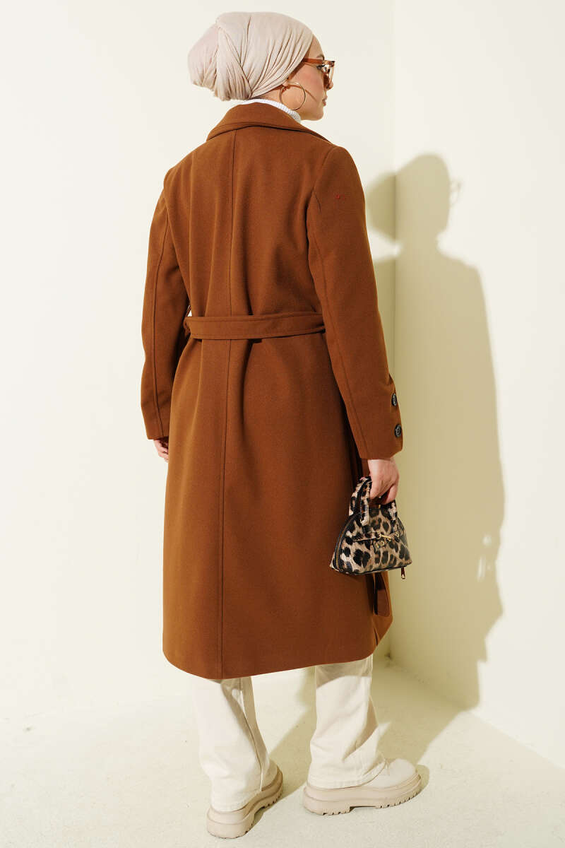 Belted Felt Coat with Sleeve Buttons - Tan