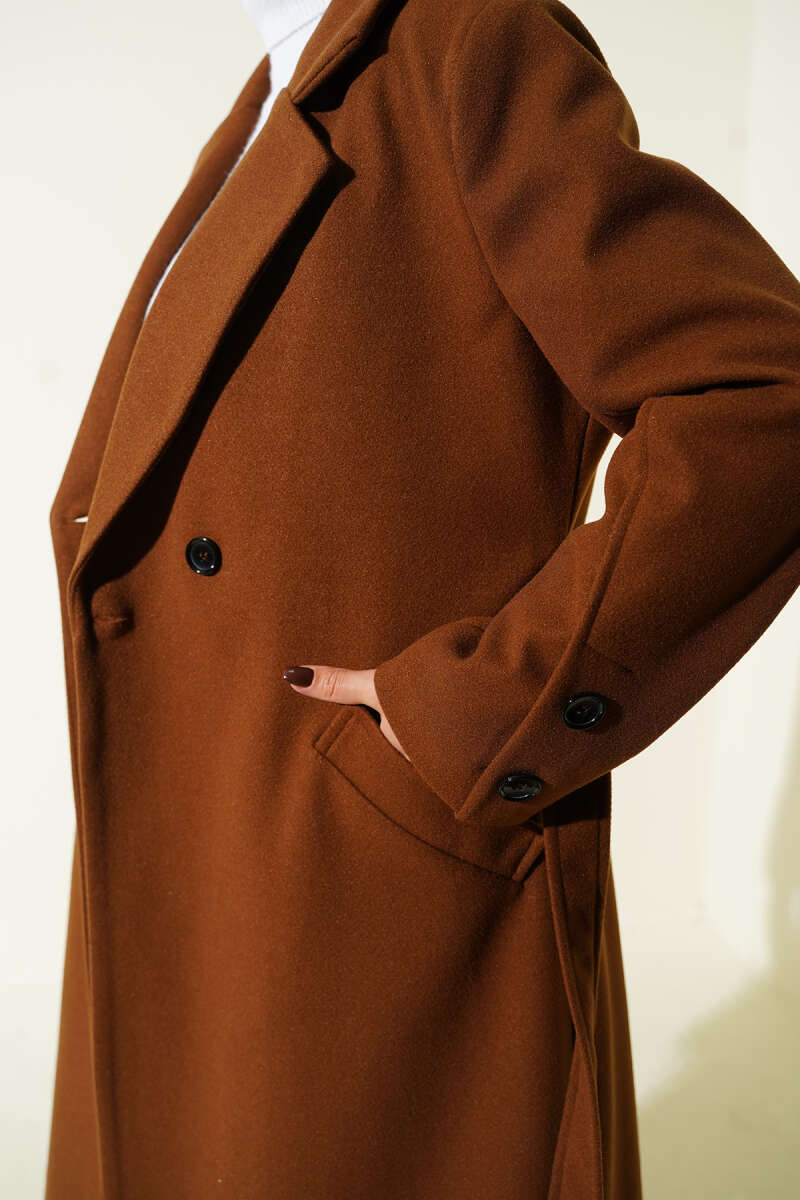 Belted Felt Coat with Sleeve Buttons - Tan
