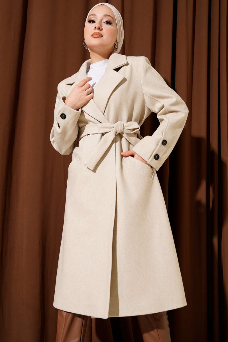 Belted Felt Coat with Sleeve Buttons - Stone