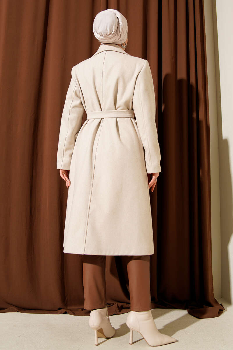 Belted Felt Coat with Sleeve Buttons - Stone