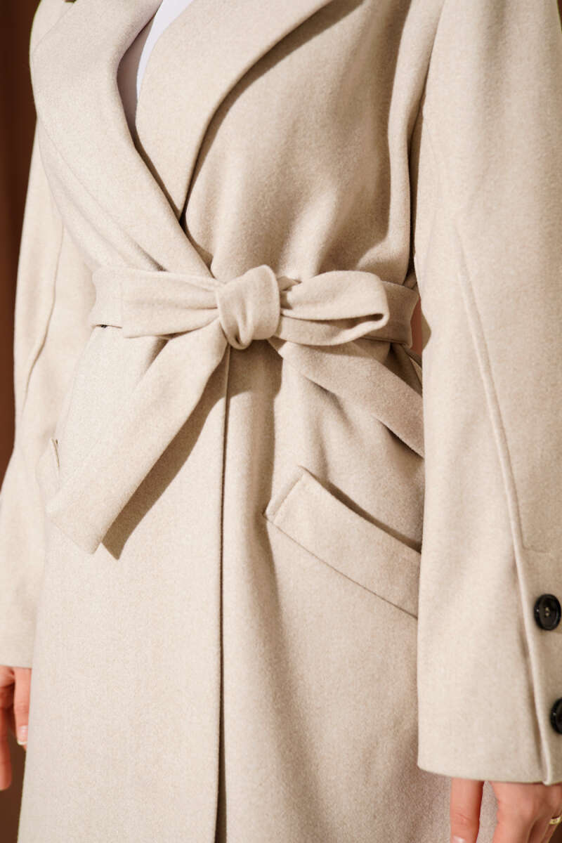 Belted Felt Coat with Sleeve Buttons - Stone