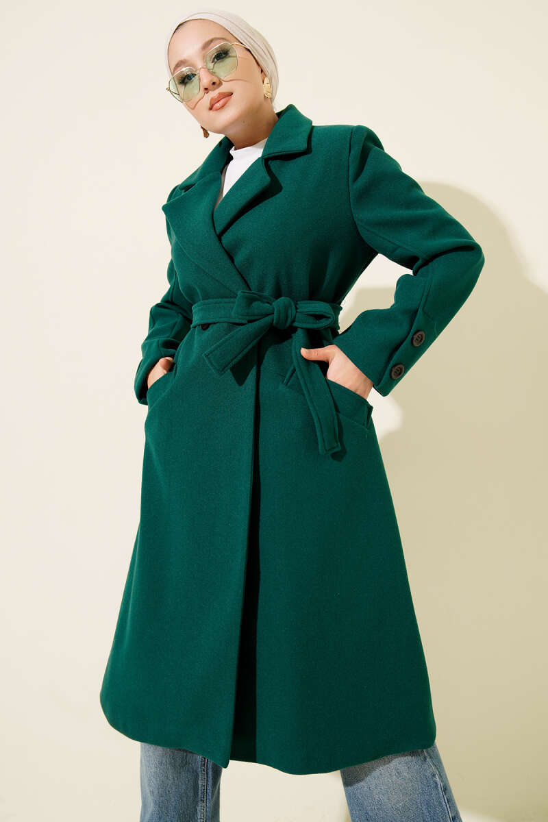 Belted Felt Coat with Sleeve Buttons - Emerald