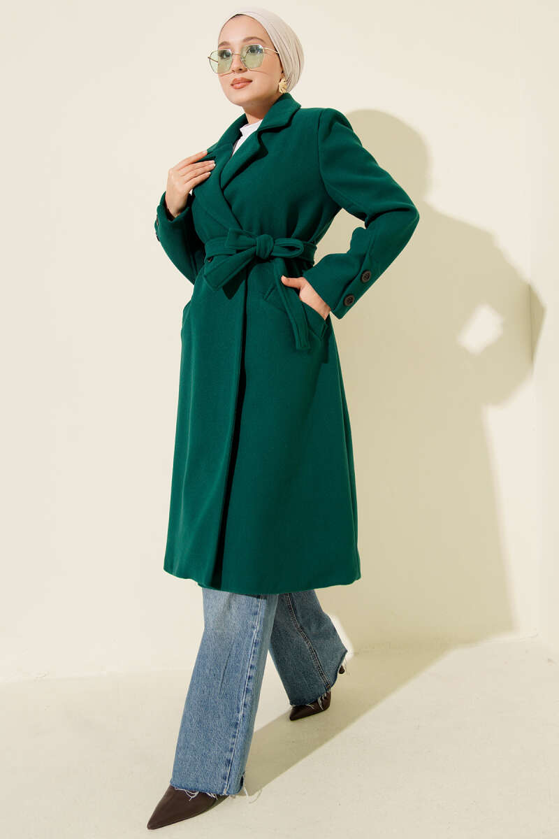 Belted Felt Coat with Sleeve Buttons - Emerald