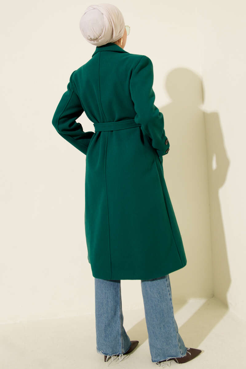 Belted Felt Coat with Sleeve Buttons - Emerald