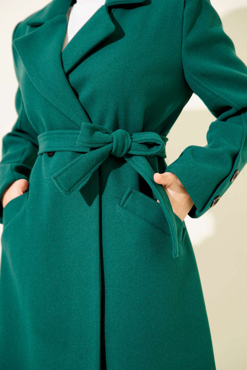Belted Felt Coat with Sleeve Buttons - Emerald