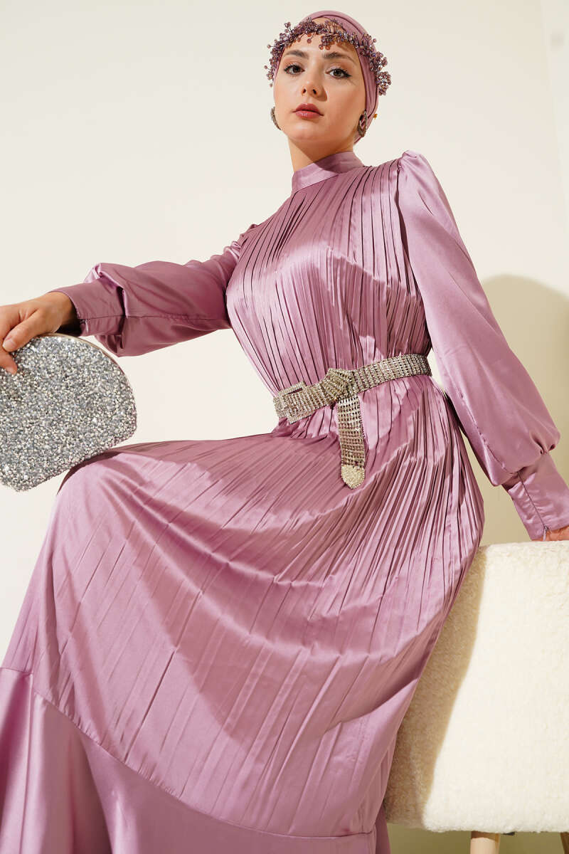Plissé Evening Dress with Sleeve Zips - Powder