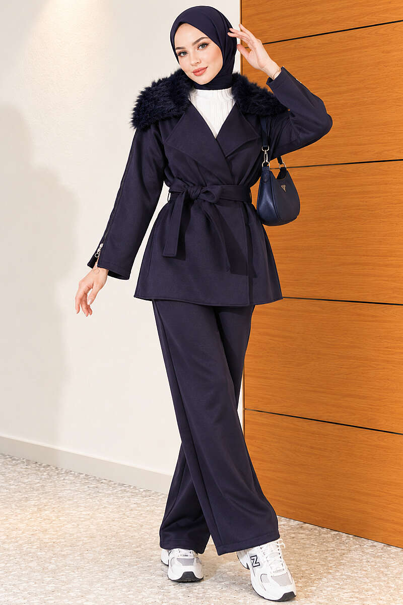 Two-Piece Set with Faux Fur Collar and Sleeve Zips - Navy