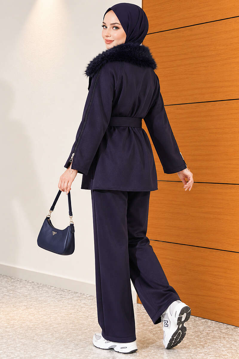 Two-Piece Set with Faux Fur Collar and Sleeve Zips - Navy